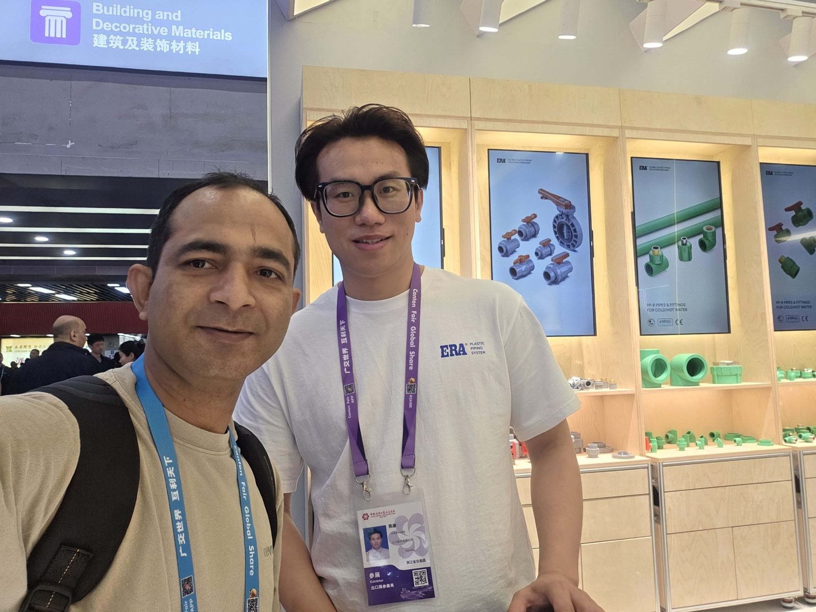 Max with the ERA Plastic Piping team in the Building and Decorative Materials hall at the Canton Fair, Guangzhou