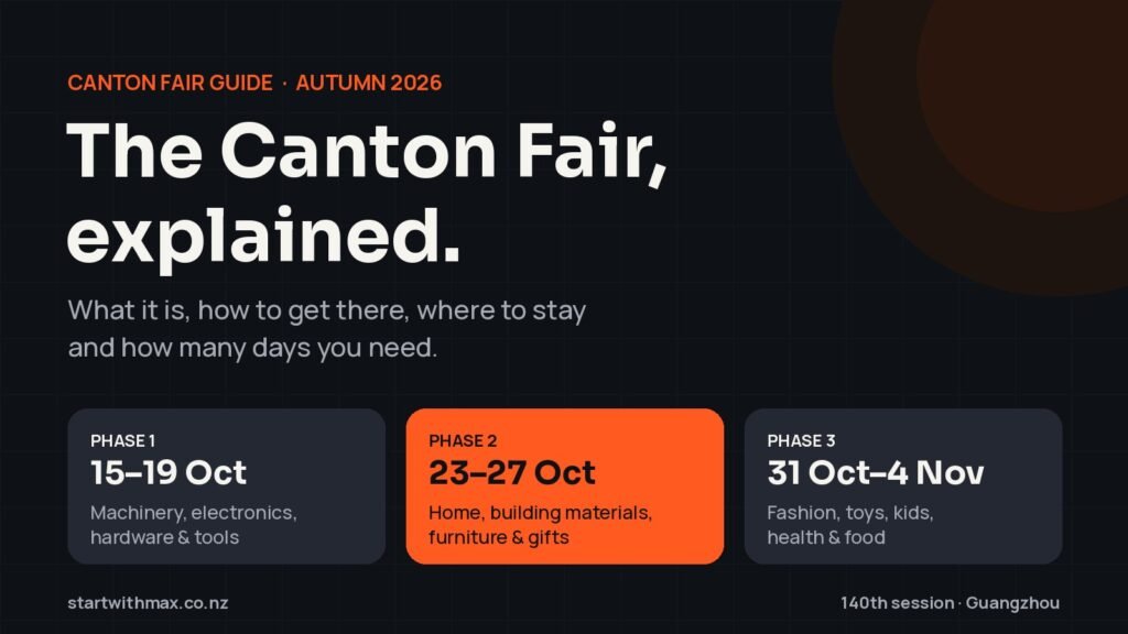 Canton Fair guide autumn 2026: Phase 1 15 to 19 October, Phase 2 23 to 27 October, Phase 3 31 October to 4 November, Guangzhou